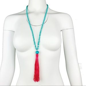 Mala Bead Turquoise Pink Silk Tassel Necklace